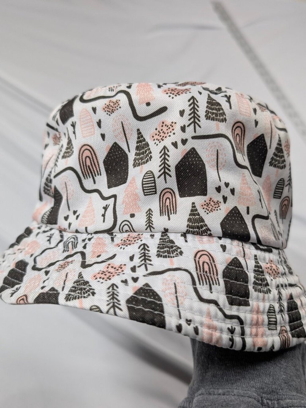Boho Abstract Print Bucket Hat Kids Size 52 Pink Black Rainbow Trees Sun